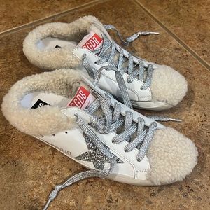 golden goose super-star sabot leather upper glitter sneaker